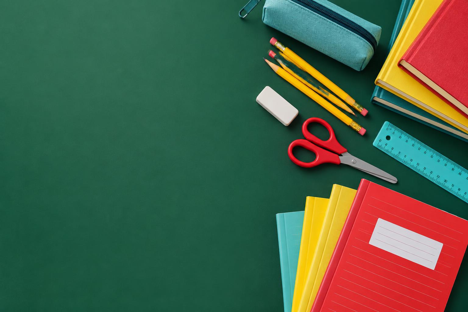 Colourful exercise books, pencils, scissors and a ruler ready for school